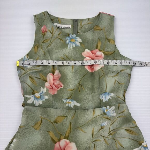 Sarah Richards Green Floral Dress Sleeveless Lined Belted Tie - Picture 4 of 6